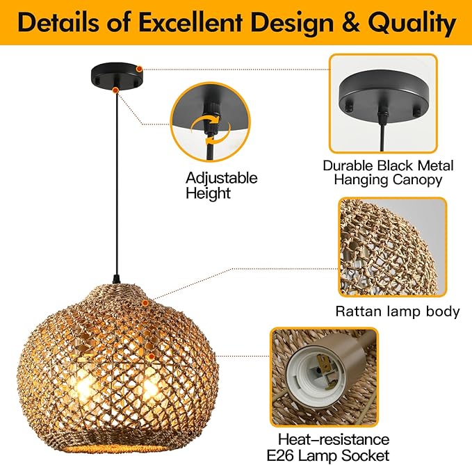 13.79" Rattan Coastal Pendant Light Fixture,Boho 2-Light Kitchen Island Ceiling Hanging Lighting Wicker Hand Woven Farmhouse Chandelier,for Bedroom, Dining Room, Entryway, Foyer