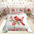 Castle Fairy Red Bird Comforter Set King Size,Watercolor Cardinal Berry Christmas Bedding Set All Season Quilt Set,Pink Floral Green Plant Painting Microfiber Polyester Down Comforter