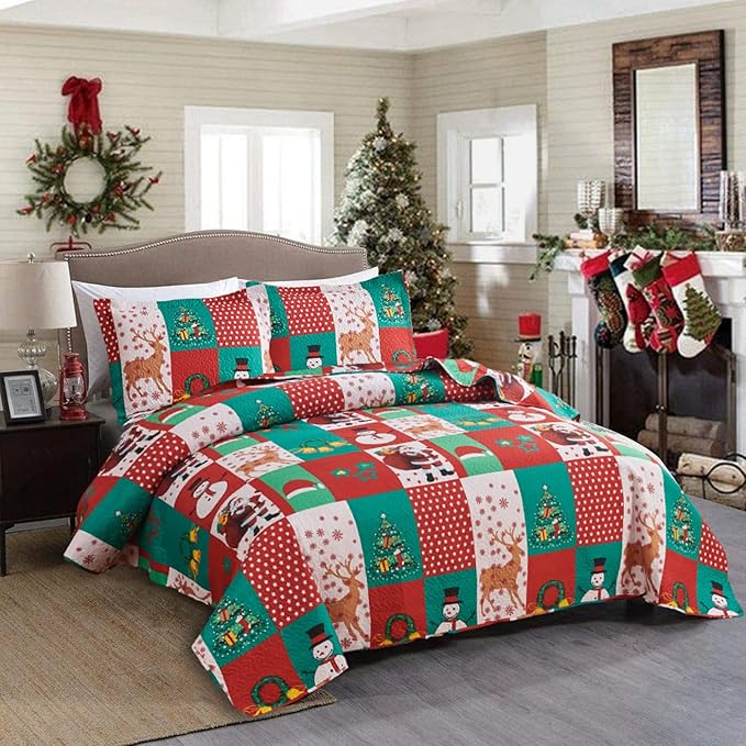 Rustic Plaid Patchwork Christmas Twin Size Bedding Set - Lightweight Reversible Bedspread & Quilt - Cabin Home Decor