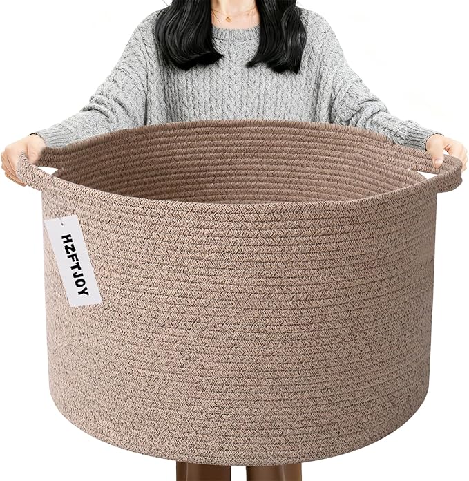 Large Blanket Basket for Organizing,115L Closet Organizers and Storage Bins Box for Shelves Woven Rope Storage Baskets,Living Room,Bedroom,Dorm,Laundry room (Brown)