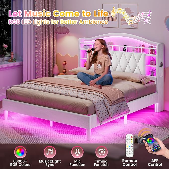 ADORNEVE Queen Bed Frame with LED Lights, Princess Velvet Upholstered Platform Bed for Girls, Headboard with Charging Station & Guardrail & Crystal Button, No Box Spring Needed, Beige