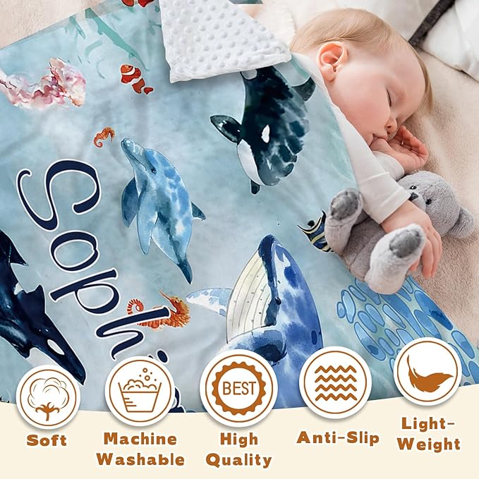 Custom Baby Blanket - Ocean Animals Theme Personalized Name Blanket for Boys Girls, Soft Infant Toddler Blanket with Whale and Dolphin, Customizable Nursery Bedding (47" x60)