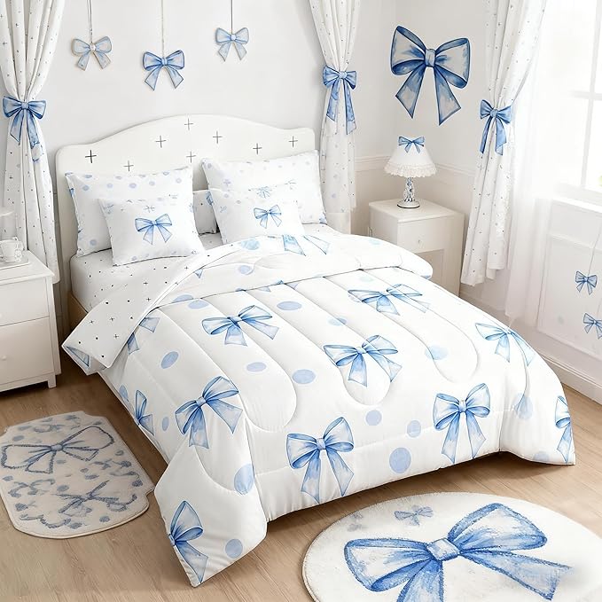 7 Pieces Blue Bowknot Kids Comforter Twin Size,Geometric Dots Bow Tie Patchwork Romantic Bedding Set,Bow Knot Princess Cute White Chic（Comforter+Fitted+Flat+2 Pillowcases+2 Throw Pillow Covers）