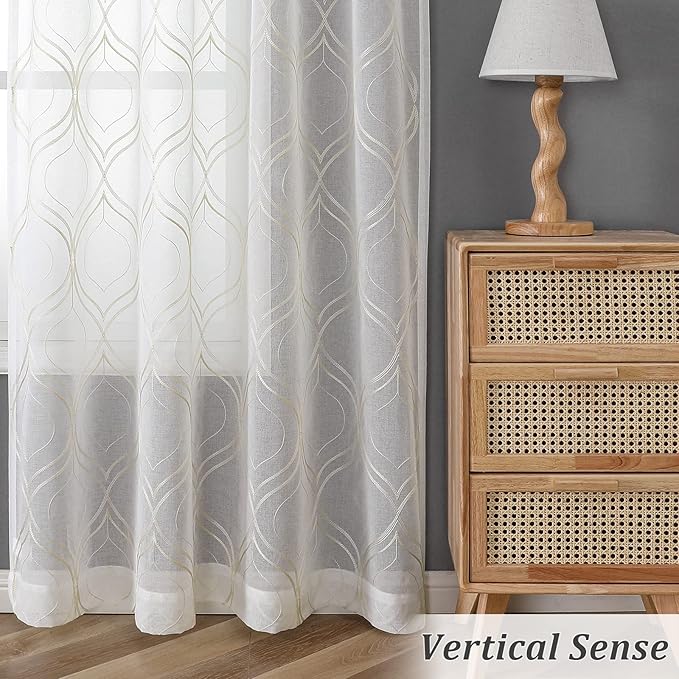VISIONTEX White Sheer Curtains 84 Inches Long 2 Panels Set Beige Moroccan Embroidered Curtains Trellis French Textured Rod Pocket Voile Tulle Semi Window Drapes for Bedroom Living Room 54 x 84 Inches