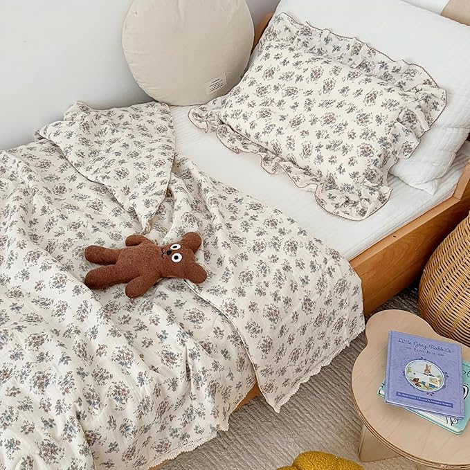 BuLuTu French Country Blue Floral Quilted Blanket with Lace Edges, Muslin Cotton Toddler Bed Baby Crib Comforter Girls Boys Nursery Decor, 47"x59", Soft Lightweight, Ballon Flower Print