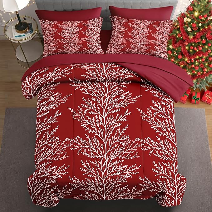 7 Pcs Queen Size Christmas Comforter Set with 2 Pillowcases & 2 Shams, Red Botanical Bedding for Kids and Adults, Winter Tree Branch Bed in a Bag with Flat Fitted Sheet