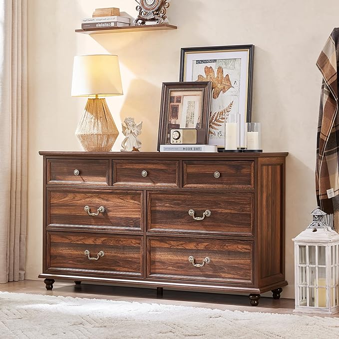 Bedroom Dresser Sets, 54" Wide 7 Drawers Dresser and 37" Tall 4 Drawers Dresser, Wooden 2 Piece Bedroom Furniture Set, Chest of Drawer for Bedroom, Home, Living Room, Hallway, Brown