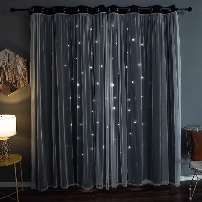 Kinryb Black Star Cutout Blackout Curtains Double Layer Curtains with Durable Sheer Curtains for Bedroom Thermal Insulated Window Treatment Set with 2 Free Tiebacks (52W x 72L 2 Panels Black)