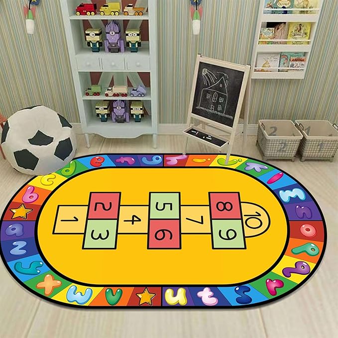 Kids Hopscotch Area Rug, 3x5ft, Playmat for Boys & Girls, Alphabets and Numbers Educational Learning & Fun Game Oval Rug, Soft Non-Slip Machine Washable Rug for Playroom Classroom Nursery