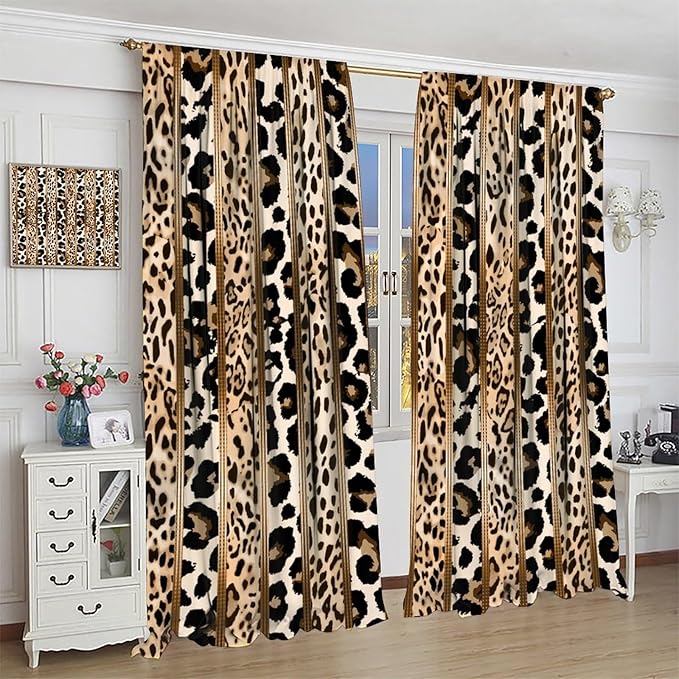 Leopard Curtains, Cheetah Wild Animal Geometric Stripe Wildlife Theme Window Drapes for Bedroom Living Room 42" W X 45" L