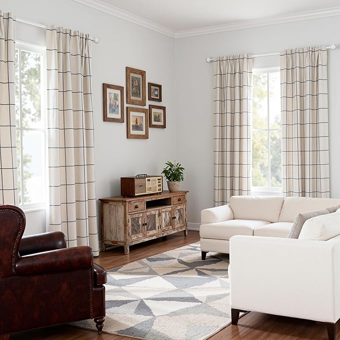 MYSKY HOME 100% Blackout Navy Blue Plaid Linen Curtains 90 Inches Long Double Layer Farmhouse Thermal Insulated Checkered Patterned Drapes Rod Pocket Back Tab for Living Room Dining Room, 2 Pcs, W52