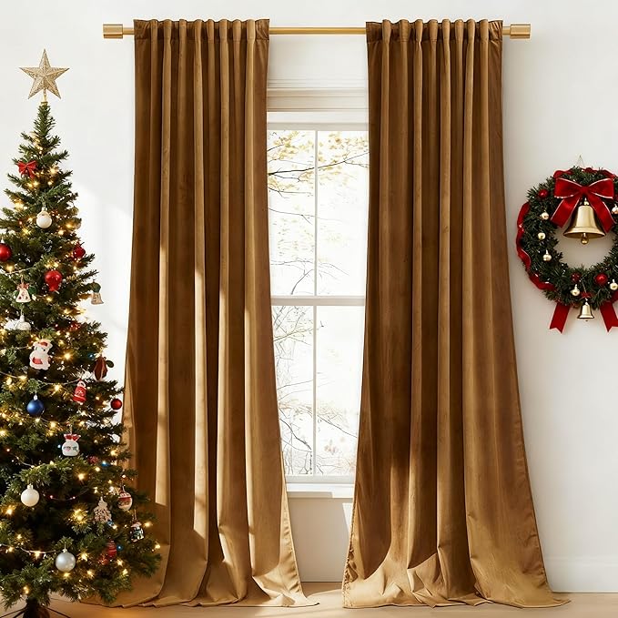 StangH Gold Brown Velvet Blackout Curtains 132 inches High Ceiling Tall Winter Curtains Back Tab Thermal Insulated Door Drapes for Living Dining Room Office, W52 x L132, 2 Panels