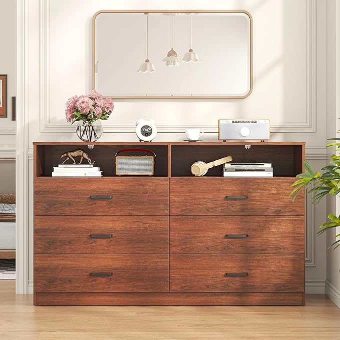 Bigbiglife 6 Drawers Dresser for Bedroom Wooden Drawer with Open Storage Cubby, Double Wide Dresser Organizer for Bedroom, Living Room, Entryway, Hallway (Walnut Brown)