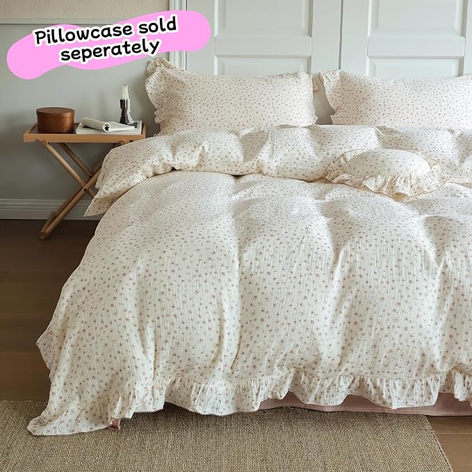 BuLuTu Chic Shabby Vintage Floral Duvet Cover Twin for Kids Girls Boys 100% Cotton Muslin Ruffled Quilt Cover Twin, 68"x86", Pink Floral Print, Soft Breathable, Zipper Closure, No Pillowcase