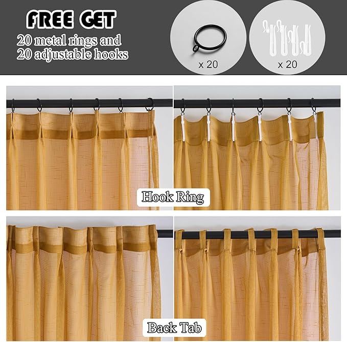Mustard Gold Sheer Curtains 96 Inches Long 2 Panels, Textured Linen Look Pinch Pleated Drapes, Vintage Yellow Light Filtering Window Treatments, Sliding Glass Door Curtain Back Tab