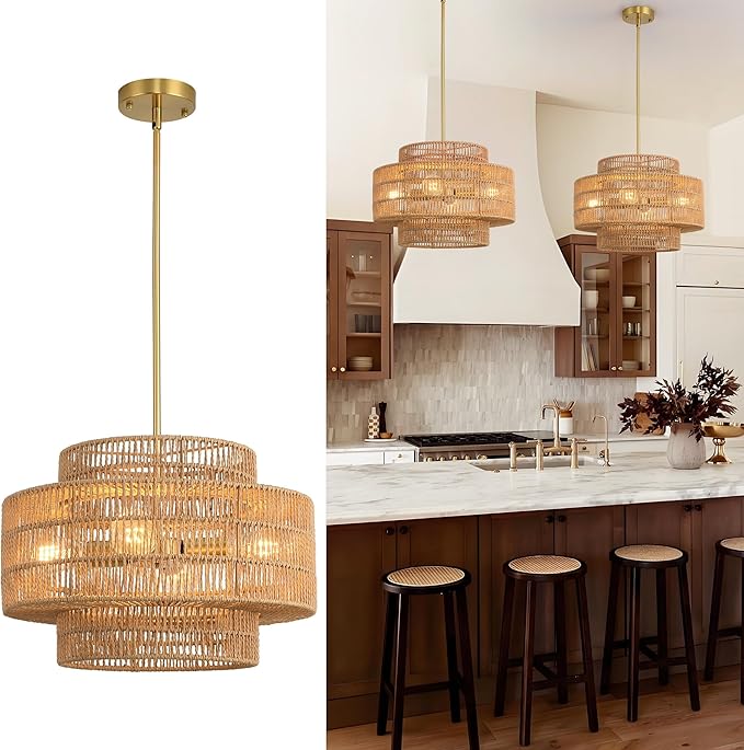 17.7”Boho Rattan Chandelier for Dining Room, 4-Light Hand Woven Pendant Light Fixture Farmhouse Rustic Ceiling Hanging for Kitchen Island Bedroom Living Room Nursery Foyer