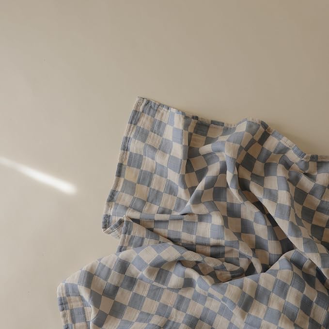 mushie Muslin Baby Swaddle Blanket | 100% Organic Cotton (Blue Check)