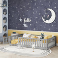Twin Size Floor Bed for Kids, Wood Montessori Floor Beds with Fence Railings, Door & Slats Support, Twin Playhouse Bed Frame for Boys Girls, No Box Spring Needed, Gray