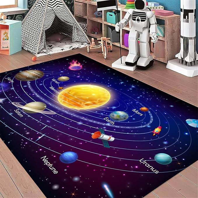Solar System Planet Area Rug,5x6ft,Boys and Girls Room Large Play Mat, Suitable for Children's Room Bedroom, Classroom, Daycare Center, Kindergarten, Non-Slip Washable Carpet