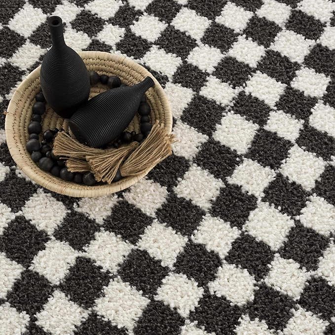 Hauteloom Kieu Contemporary Checkered Fluffy Shag Area Rug - Modern Geometric Soft Carpet Tiles for Living Room, Kids Room, Nursery - Black, White - 8'10" x 12'