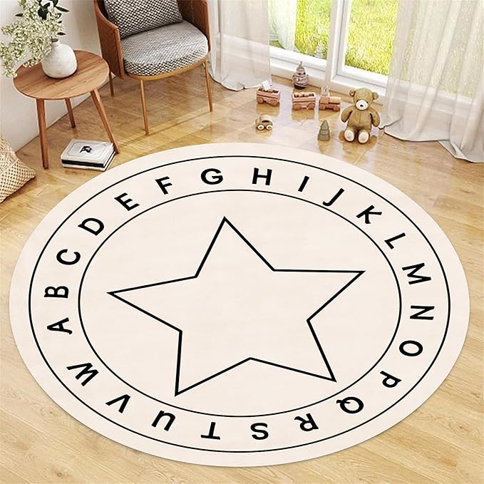 ABC Round Children's Rug,7ft,Children's Educational Learning Area Rug, Cartoon Star Print Soft and Fluffy Rug, Suitable for Nursery, Classroom, Playroom Boys and Girls Bedroom Game Decoration