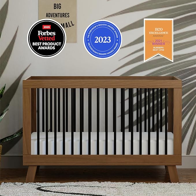 babyletto Hudson 3-in-1 Convertible Crib with Toddler Bed Conversion Kit in Natural Walnut/Black, Greenguard Gold Certified