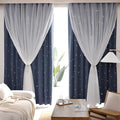 Kinryb Kids Blackout Curtains for Bedroom/Living Room/Classroom, Sheer Overlay 2 Free Tiebacks, Double Layer Curtains with Star Cutout for Kids Room(Each Piece W70xL95 Inches 2 Pcs Stone Blue)