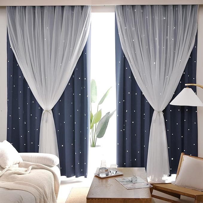Kinryb Kids Blackout Curtains for Bedroom/Living Room/Classroom, Sheer Overlay 2 Free Tiebacks, Double Layer Curtains with Star Cutout for Kids Room(Each Piece W70xL95 Inches 2 Pcs Stone Blue)