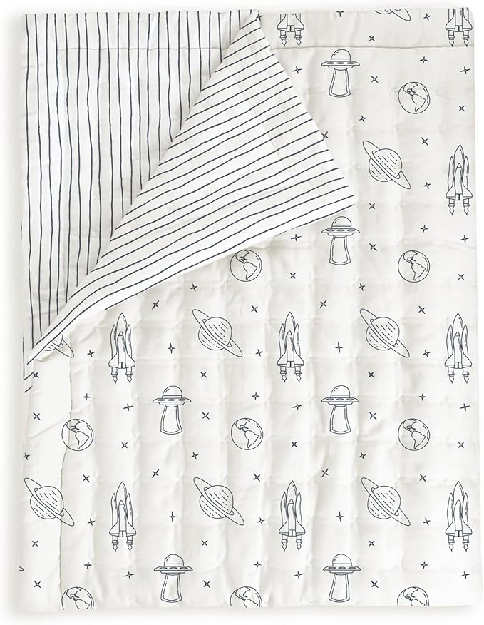 MakeMake Organics Organic Toddler Comforter GOTS Certified Organic Crib Blanket Cotton Infill Tufted Reversible - Ultra Soft Breathable (44"x60", Astronaut + Blue Pebble)