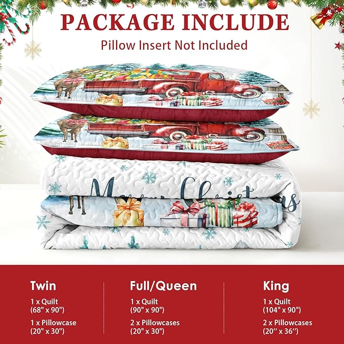 Christmas King Size Quilt Set, Red Vintage Truck Elk Lightweight Bedspread Coverlet with Pillow Shams for Kids and Adults, Winter Forest 3 Pcs Bedding Bed Cover