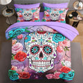 7 Pcs Full Size Comforter Set with 2 Pillowcases & 2 Shams, Sugar Galaxy Bedding for Kids and Adults, Vintage Skeleton Flower Bed in a Bag with Flat Fitted Sheet