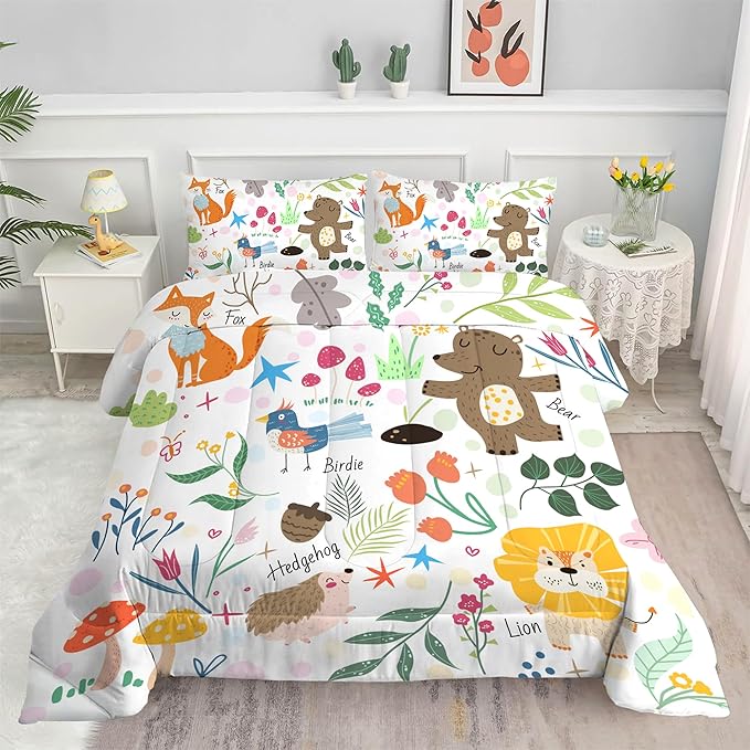 Comforter Set Cartoon Animals: Queen Size Cute Bedding Set for Kids Teen Girls Toddler Boys Kawaii Fox Bear Lion Flowers Soft Quilt Duvet Bed Sets 1 Comforter & 2 Pillowcases