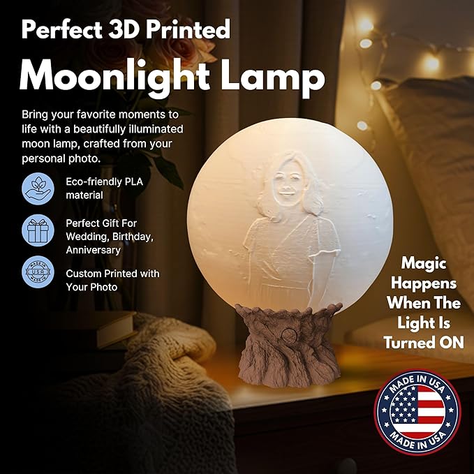 Angel Wings Memorial Moon Lamp with Custom Text or Photo – Personalized Remembrance Light for Loved Ones | Sympathy Gift, Bereavement Gift, Tribute Lamp with 3D Printed Moon Light