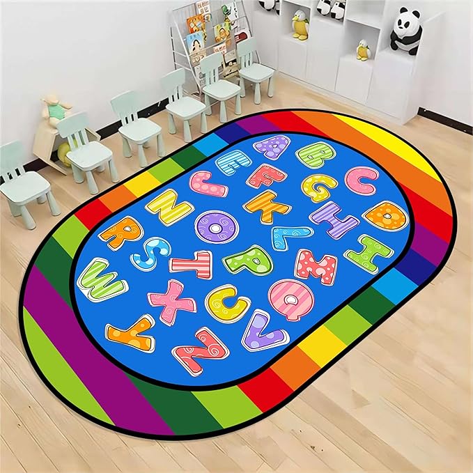 Colorful Cartoon Kid Area Rug, 5x7ft, ABC Alphabet Educational Learning Oval Rug, Rainbow Stripe Border Rug, Non-Slip Indoor Playmat, Children's Gift for Playroom, Bedroom and Nursery