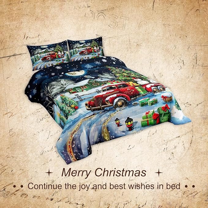 Rustic Farmhouse Xmas Comforter Set Twin Size,Retro Red Truck Snowman Bedding Set for Kids Boys Girls Room Decor,Snowflake Cabin Christmas Tree Quilt Set 2Pcs,Xmas Theme Duvet Insert,1 Pillowcase