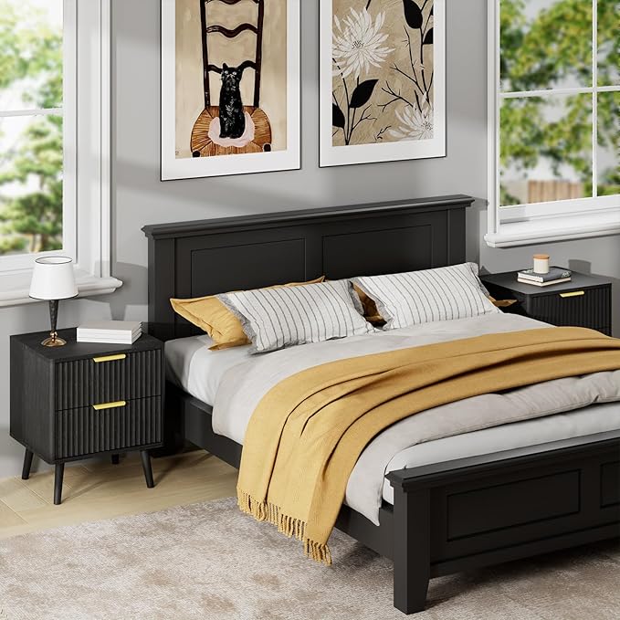 LYNSOM Fluted Dresser and Nightstand Sets 2 Piece, 2-Drawer Nightstands and 5-Drawers Dresser, Wood Bedroom Furniture Set for Home, Bedroom, Hallway, Black