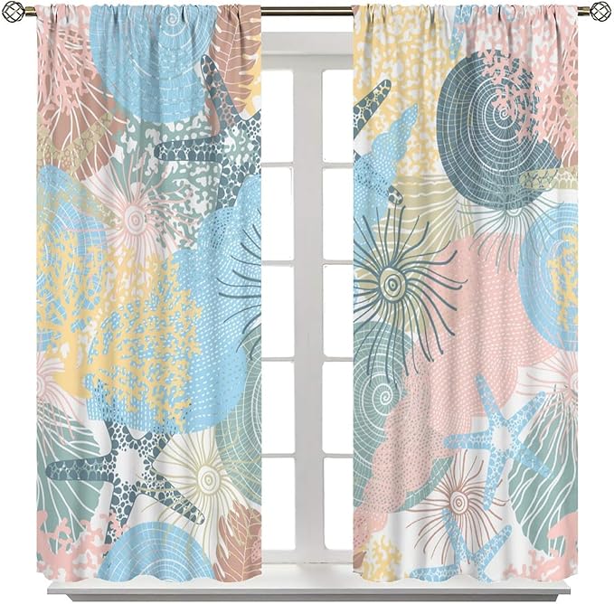Nautical Blackout Curtain Beach Theme Starfish Seashell Nautical Rustic Ocean Sea Vintage Retro Coastal Summer Bedroom Set 2 Panels,55x63 Inches