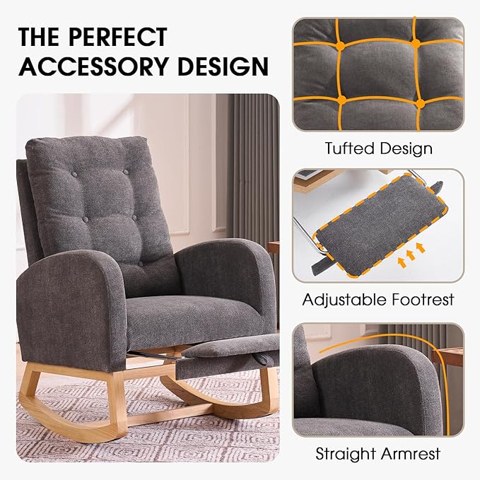 NIOIIKIT Nursery Rocking Chair, Linen Upholstered Glider Chair with Footrest, Tufted Rocker Recliner with Side Pocket, Comfy Recliner Glider, Accent Chair for Living Room (Grey Linen)