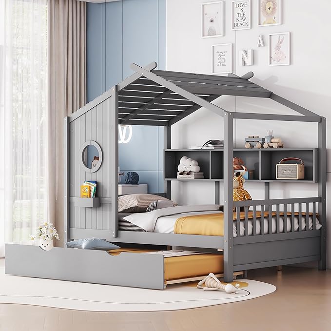 Full Size Bed Frames for Kids, House Bed with Trundle and Shelves, Wood Playhouse Platform Bed Frame with Window and Fence for Boys Girls, Gray, 74.4" L x 58" W x 72" H