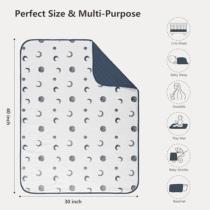 Susurration Baby Blanket for Unisex Boys Girls, Soft Nursery Minky Blanket with Muslin Cotton Front and Dotted Fleece Back, Receiving Blanket for Baby Newborn Infant, 30x40inch (Bluemoon)