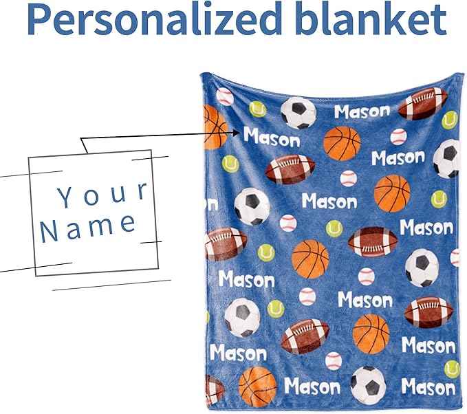Personalized Ball Blanket with Name for Boys, Custom Kids Ball, Soft Flannel Toddler Customized Gift Birthday Christmas Baby Shower Newborn 30'' X 40'', 6-balls-blue