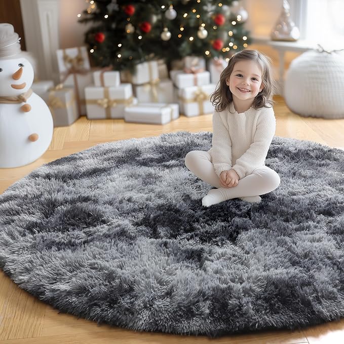 Amdrebio Tie-Dyed Dark Grey Round Area Rug 5Ft for Living Room Bedroom, Soft Furry Shaggy Circle Rugs for Classroom Playroom Dorm, Modern Cool Shag Fluffy Fuzzy Circular Carpet for Men Kids Teen Boys