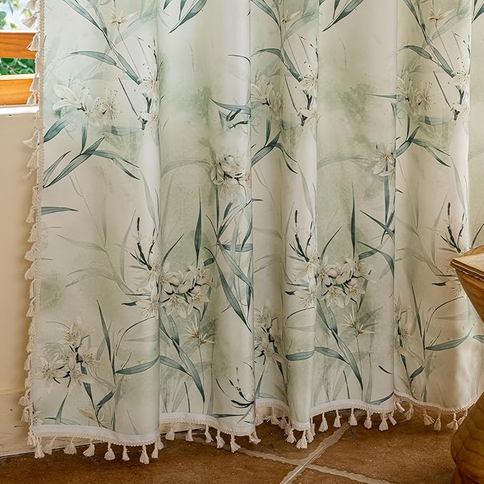 ENJOYBRIDAL White Floral 63 Inch Curtains 2 Panel Set Bedroom Boho Drapes Semi Sheer Dining Room Living Room Rod Pocket Window Curtain Panels Short Farmhouse Country Cute Chic Window Treatments