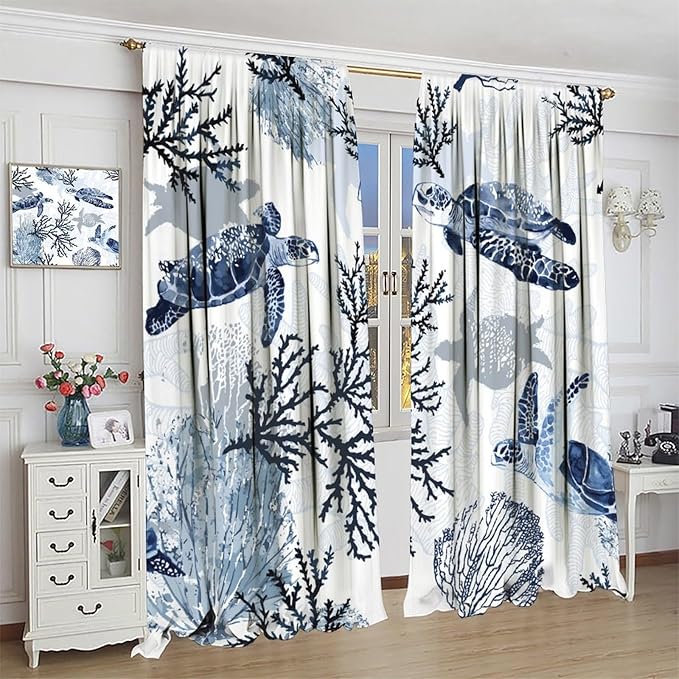 Coastal Nautical Curtains, Turtle Beach Sea Seashell Theme Pattern Blackout Print Home Bedroom Living Room Window Treatmen 2 Panel Set 84x84 Inch