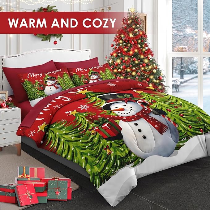 7 Pcs Full Size Christmas Comforter Set with 2 Pillowcases & 2 Shams, Red Cartoon Snowman Bedding for Kids and Adults, Funny Xmas Pine Forest Bed in a Bag with Flat Fitted Sheet
