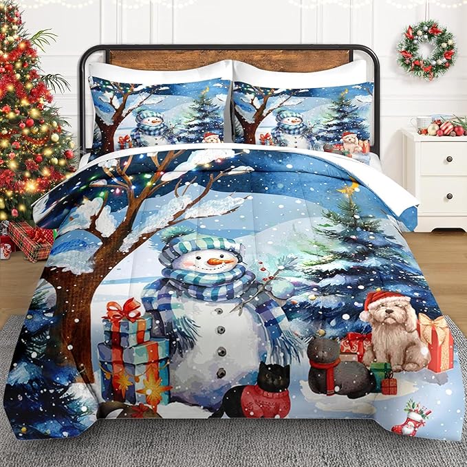 7 Pcs Full Size Christmas Comforter Set with 2 Pillowcases & 2 Shams, Cute Blue Snowman Bedding for Kids and Adults, Cold Snowy Night Bed in a Bag with Flat Fitted Sheet