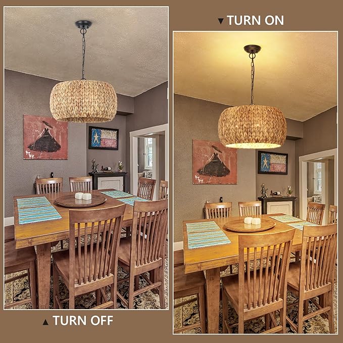 Farmhouse Boho Chandelier, 5-Light with Water Hyacinth Lampshade, for Dining Room, Kitchen Island, Bedroom, Living Room