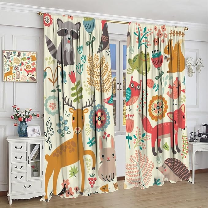 Kids Baby Woodland Blackout Curtains,Forest Animals Plants Cartoon Funny Colorful Deer Fox Owl Pattern Thermal Insulation Window Drapes for Boys Girls Children's Bedroom 63x72in