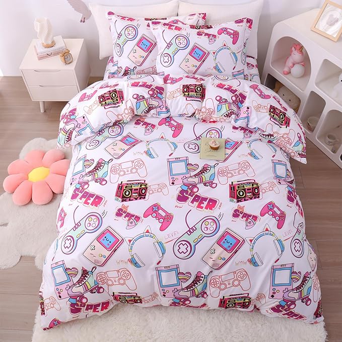 JSD Pink Gamer Kids Duvet Cover Set Full Size, 3 Piece Soft Printed Microfiber Comforter Cover with Pillow Sham Zipper Closure, Comforter Not Included