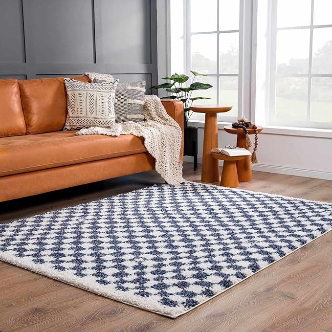 Hauteloom Kieu Contemporary Checkered Fluffy Shag Area Rug - Modern Geometric Soft Carpet Tiles for Living Room, Kids Room, Nursery - Blue, White - 5'3" x 7'